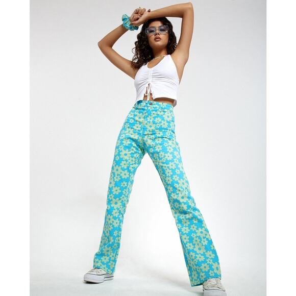 Motel Zoven Blue & Green Retro Daisy Print Flared Trousers Size M - Picture 10 of 11